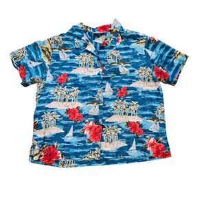 Vtg Basic Editions Hawaiian Shirt Womens L Blue Sailboat Camp Fishing Nautical